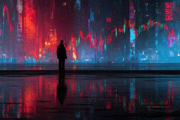 A digital artwork depicting an adult standing in front of a holographic display showing stock market charts : Generative AI