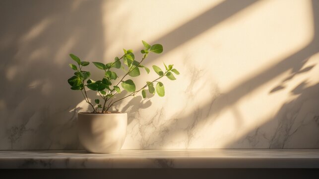Green plant in pot sunlight shadow on marble background minimalist nature photography - Powered by Adobe