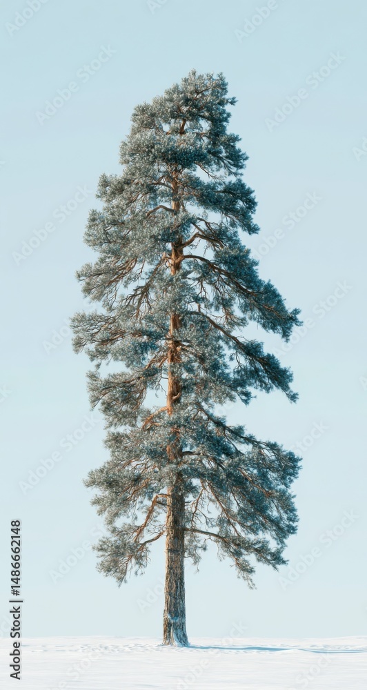 Poster solitary pine tree covered in light frost stands in a snowy field under a pale blue winter sky, show
