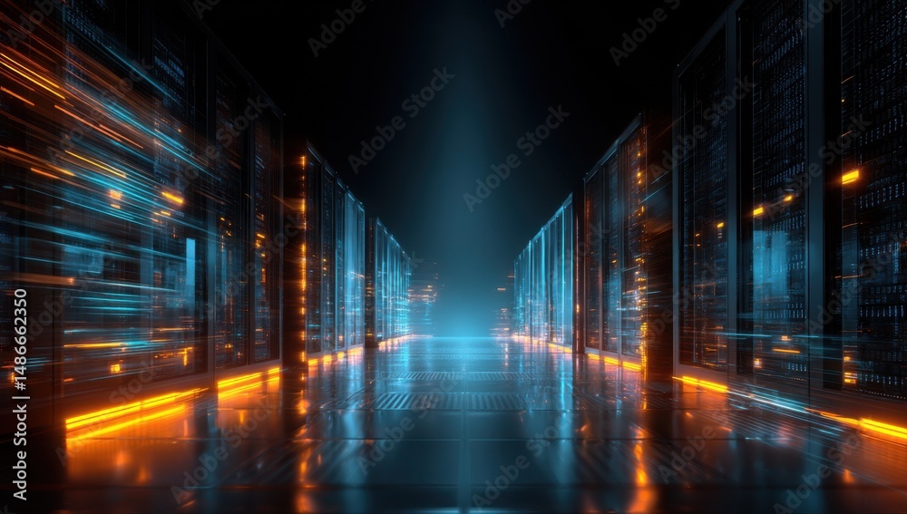 Poster futuristic server room corridor with glowing orange and blue lights, showcasing high-speed data tran