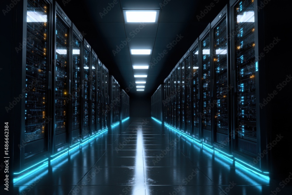 Poster A long corridor in a modern data center, lined with rows of powerful servers glowing with blue lights, showcasing advanced technology and digital infrastructure. : Generative AI