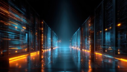 Futuristic server room corridor with glowing orange and blue lights, showcasing high-speed data transfer and digital technology. : Generative AI