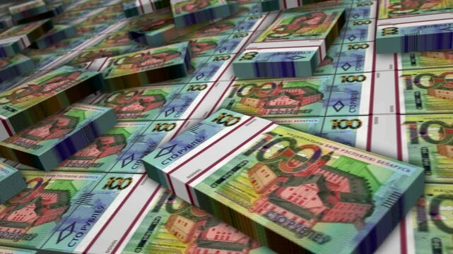 Belarus money Belarusian rubel banknote bundle loop. 100 BYN money stacks. Concept of business, economy, banking and finance. Camera over cash packs loopable seamless 3d.