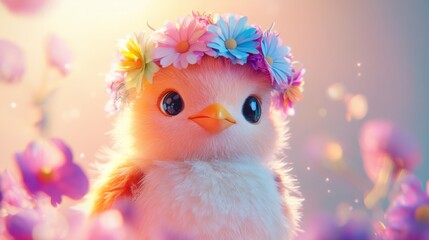 Fluffy chick with a multi-colored flower crown, soft gradient background generative ai