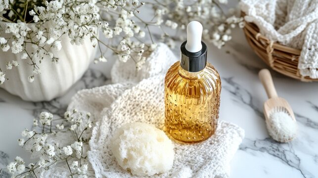 Amber essential oil bottle white flowers and bath accessories on white textile