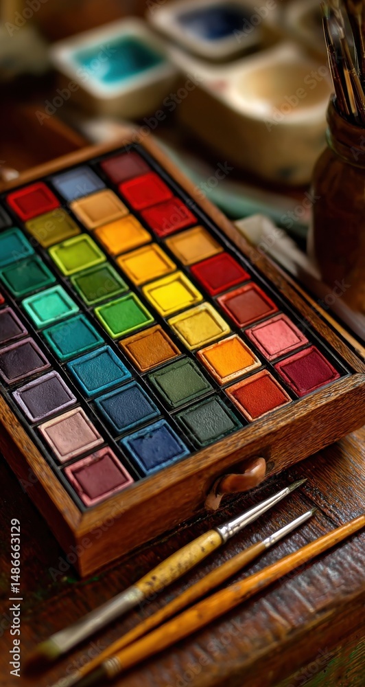Poster a wooden box filled with vibrant watercolor paints sits on a rustic wooden table, accompanied by sev