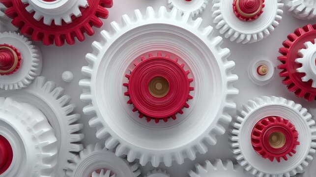 Interlocking Gears Mechanism Red and White Cogs in Precision Alignment for Industrial Technol