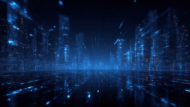 Abstract digital background with blue glowing lines and code, a futuristic cityscape in the style of cyberpunk : Generative AI - Powered by Adobe