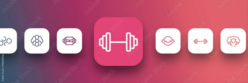 Poster clean minimal gym icon set featuring central muscle icon with various fitness designs