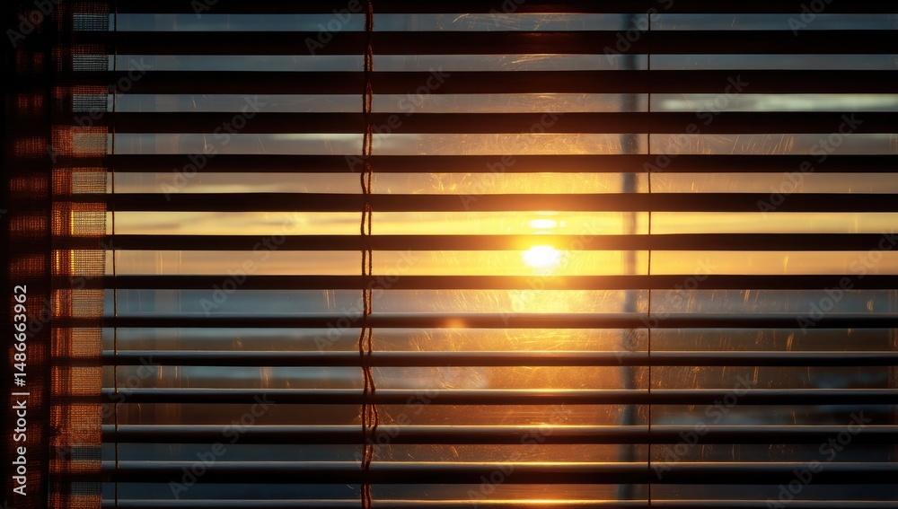 Poster Sunset view through slightly open window blinds, showcasing warm golden light and a glimpse of the ocean horizon. : Generative AI