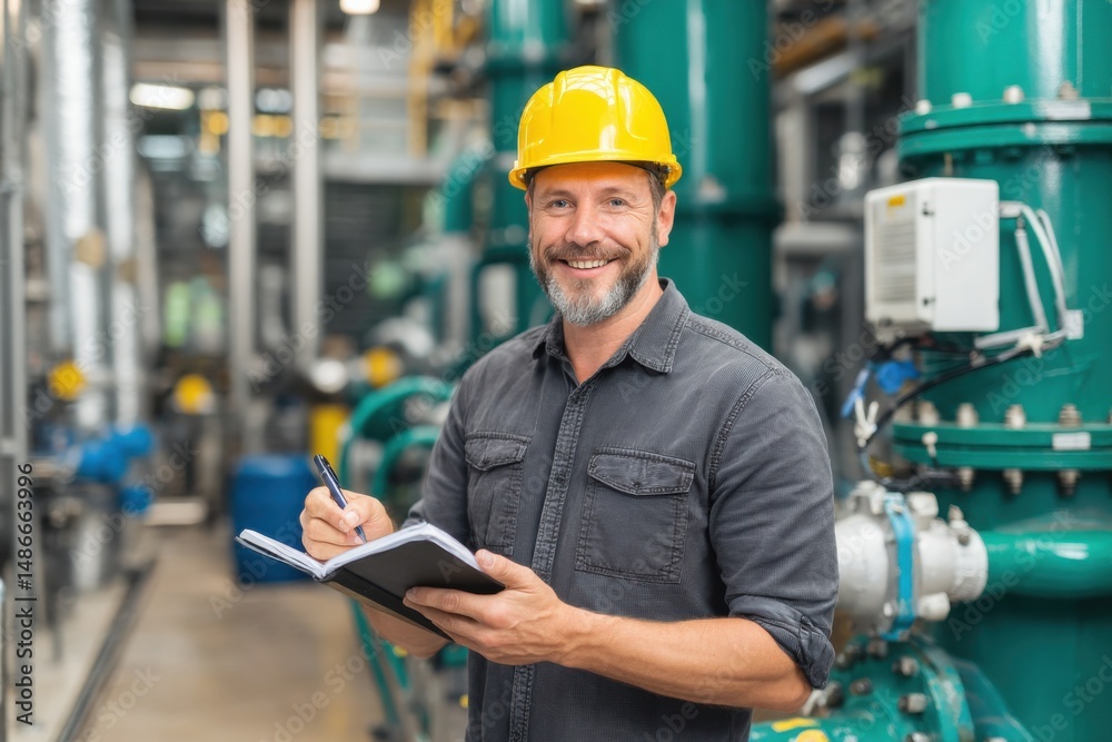 Poster smiling male engineer in a yellow hard hat, writing notes in a notebook, standing in an industrial f