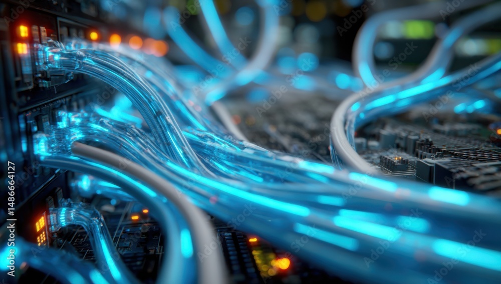Aufkleber abstract close-up of glowing blue fiber optic cables connected to a server rack, depicting high-spee