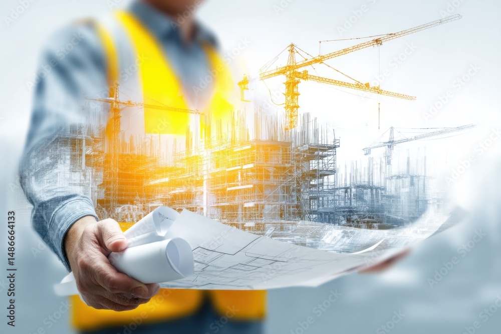 Poster Construction engineer reviewing blueprints, superimposed image of building under construction with cranes, showcasing architectural design and urban development. : Generative AI
