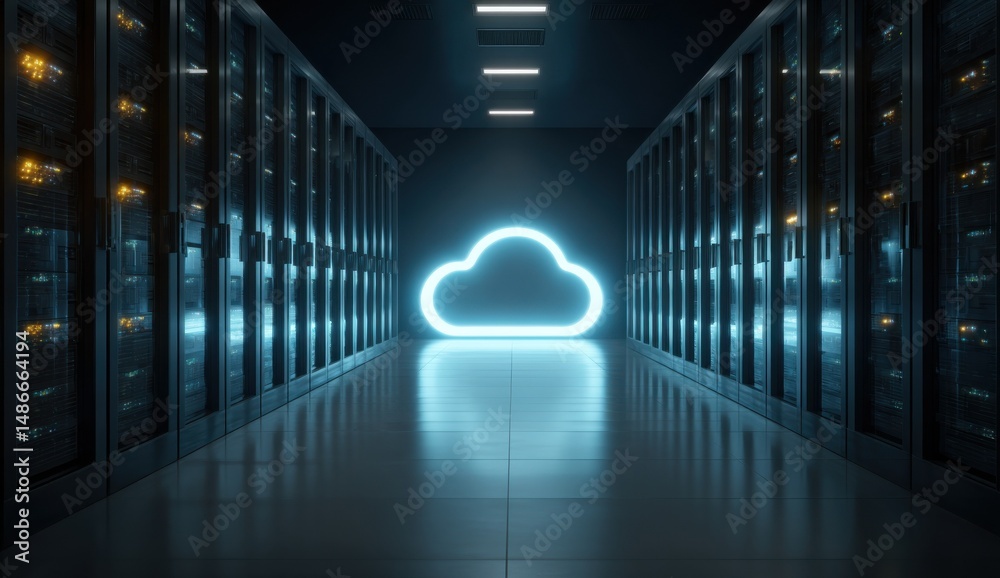 Poster neon cloud symbol illuminates a futuristic server room corridor, showcasing rows of sleek, dark meta