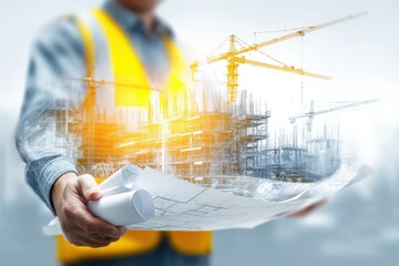 Construction engineer reviewing blueprints, superimposed image of building under construction with cranes, showcasing architectural design and urban development. : Generative AI