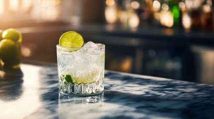 Refreshing cocktail with lime wedge in a rocks glass on a bar.