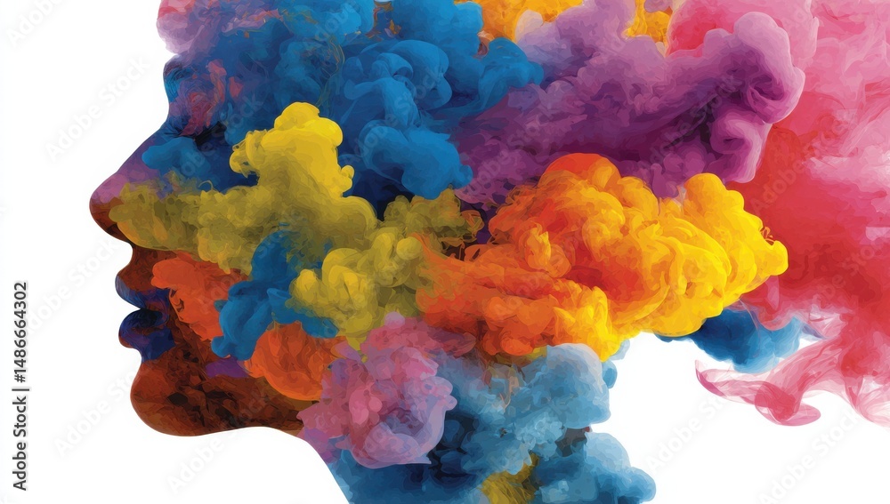 Poster abstract portrait of a woman's face, formed by vibrant, colorful ink clouds, creating a dynamic and 