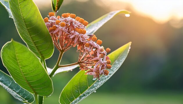 pretty plus insect and butterfly friendly flowers of the common milkweed on a wet summer morning