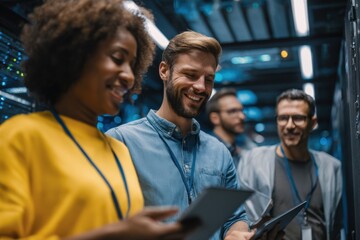 Smiling IT professionals collaborate, reviewing data on tablets in a modern server room. Teamwork, technology, and digital infrastructure are key themes. : Generative AI