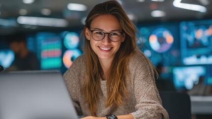 Female cybersecurity expert with glasses, smiling while reviewing data on her laptop, seated in a high-tech workspace with digital charts and analytics boards nearby