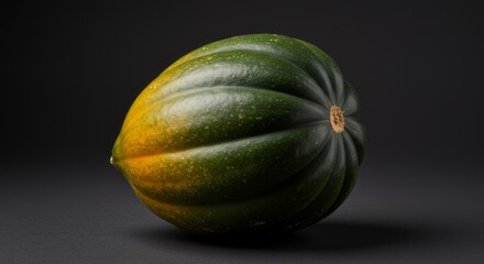 Studio shot showcasing the textured surface of a single vibrant acorn squash