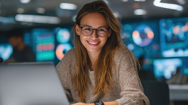 Female cybersecurity expert with glasses, smiling while reviewing data on her laptop, seated in a high-tech workspace with digital charts and analytics boards nearby
