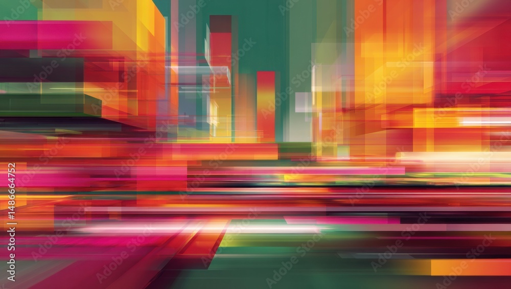 Leinwandbilder Abstract cityscape at night, vibrant colors and dynamic lines create a sense of motion and energy.  Geometric shapes and overlapping layers suggest a futuristic urban environment. : Generative AI