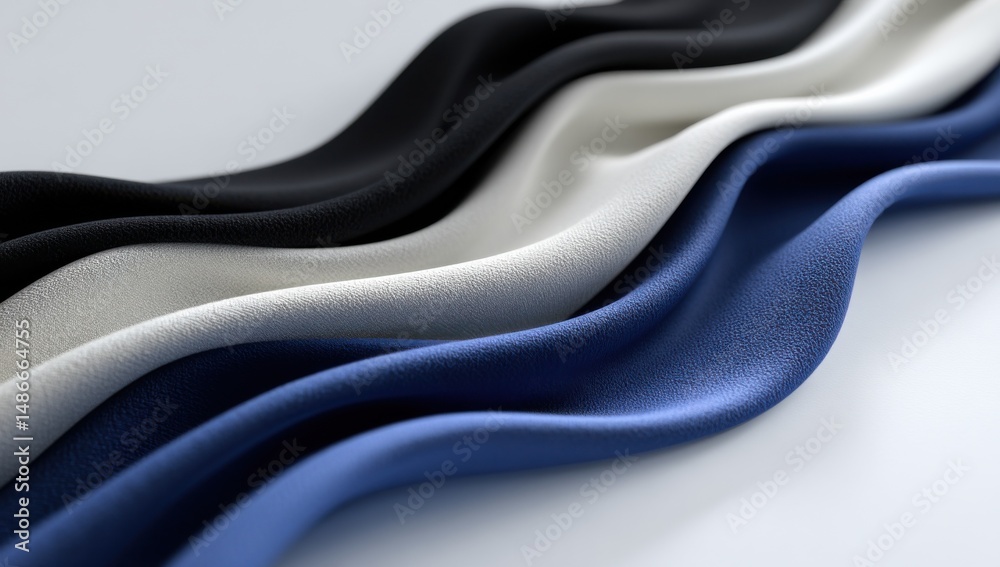 Poster abstract image of flowing fabric in black, white, and blue hues, creating a wave-like pattern. the t