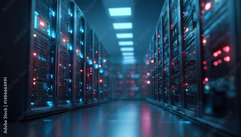 Aufkleber A long corridor of server racks glows with blue and red lights, showcasing a modern data center's powerful infrastructure and technological advancement. : Generative AI