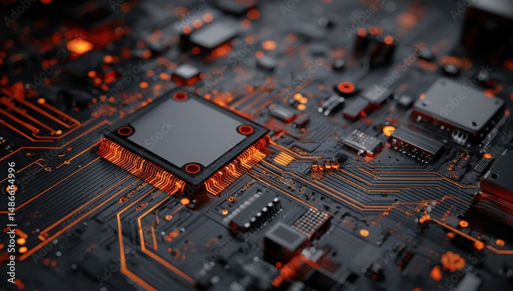 Poster Close-up view of a circuit board with a central processor, showcasing intricate details of electronic components and glowing orange pathways. : Generative AI