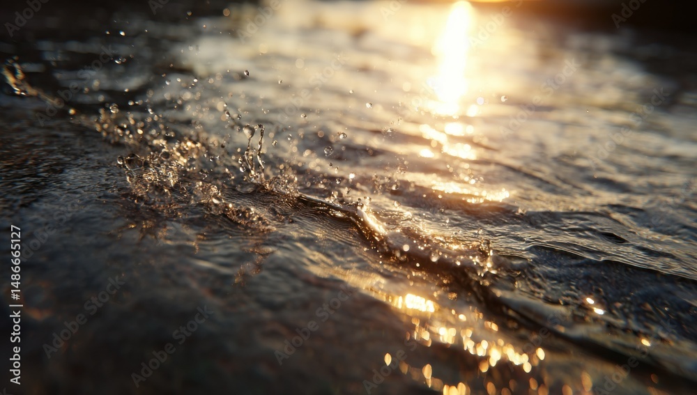 Leinwandbilder Golden sunlight reflecting on water surface, creating shimmering droplets and ripples. Close-up view of water texture at sunset, showing dynamic movement and golden light. : Generative AI