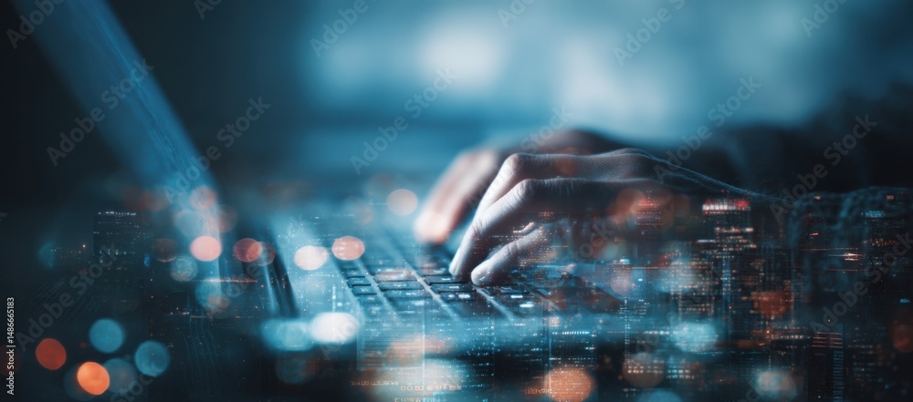 Poster A person's hands typing on a laptop keyboard, overlaid with a dreamy nightscape of a city skyline and bokeh lights, creating a captivating double exposure effect. : Generative AI