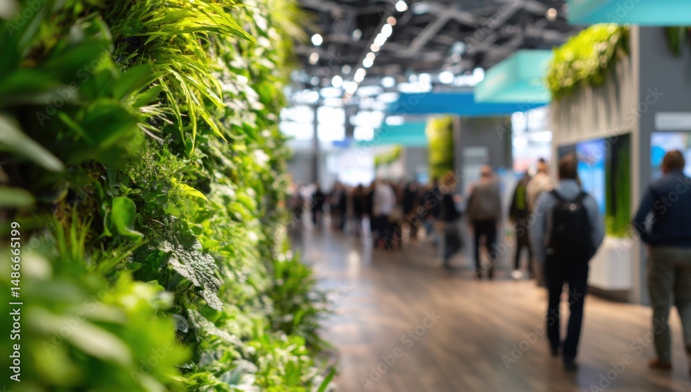 Poster A vibrant green wall of plants creates a calming atmosphere in a modern convention center, with blurred figures of attendees walking in the background. : Generative AI