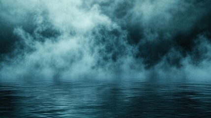Fototapeta premium Moody water reflection dark teal fog atmospheric sky serene nature scene