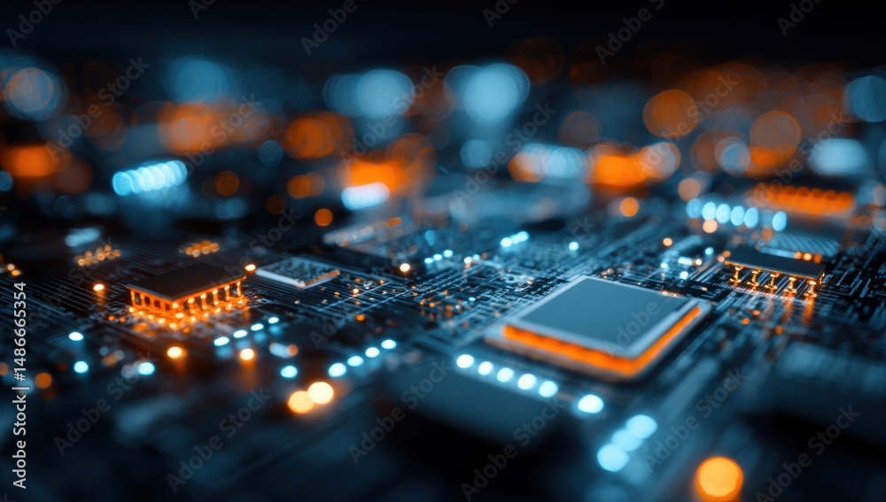 Poster Close-up view of a circuit board with glowing orange and blue components, showcasing intricate technological details and connections. : Generative AI