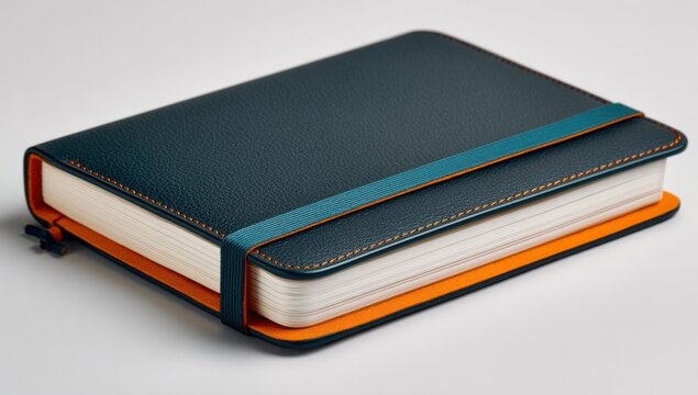 Closed teal leather notebook with orange edges and a teal elastic closure band,  presented on a light gray surface.  High-quality product shot. : Generative AI