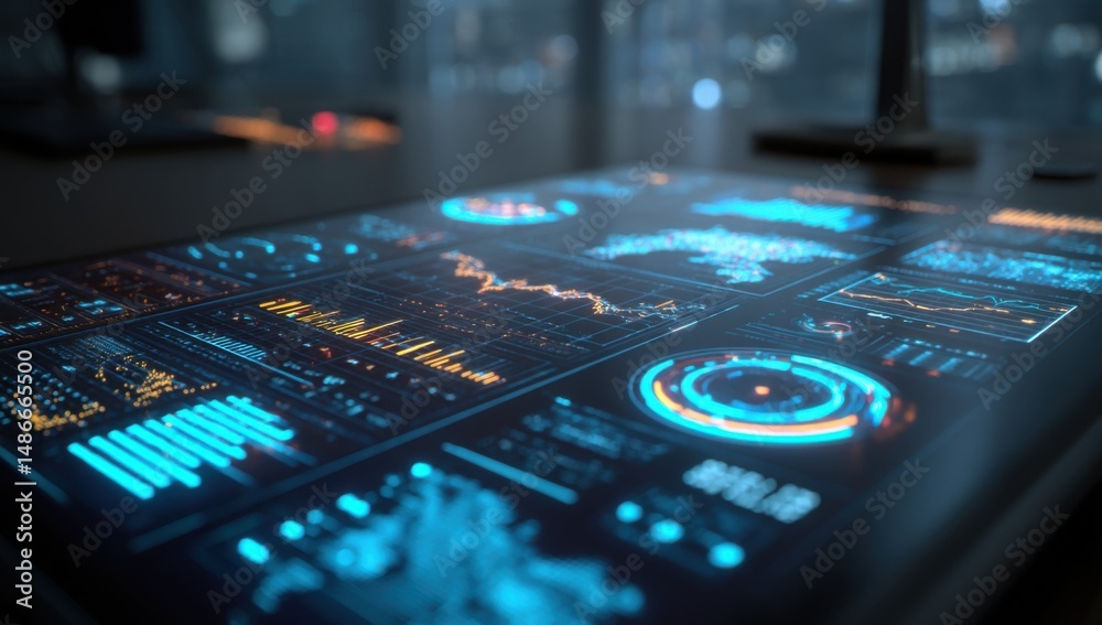 Poster Futuristic digital dashboard displaying complex data visualizations, including charts, graphs, and maps, illuminated with vibrant blue and orange hues. : Generative AI