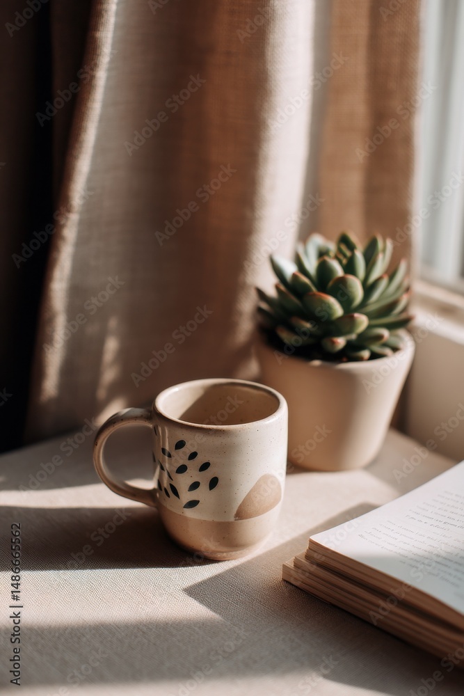 Poster a sunlit morning scene featuring a ceramic mug with abstract design, a succulent plant in a pot, and