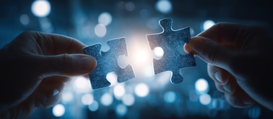 Two hands placing puzzle pieces together on an illuminated digital canvas : Generative AI