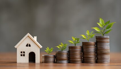 Wooden house model beside growing stacks of coins with small plants, symbolizing financial growth and investment in real estate. : Generative AI