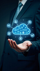 Fototapeta premium A businessman displaying a digital cloud with icons floating in the palm of his hand, symbolizing cloud technology and data security. 