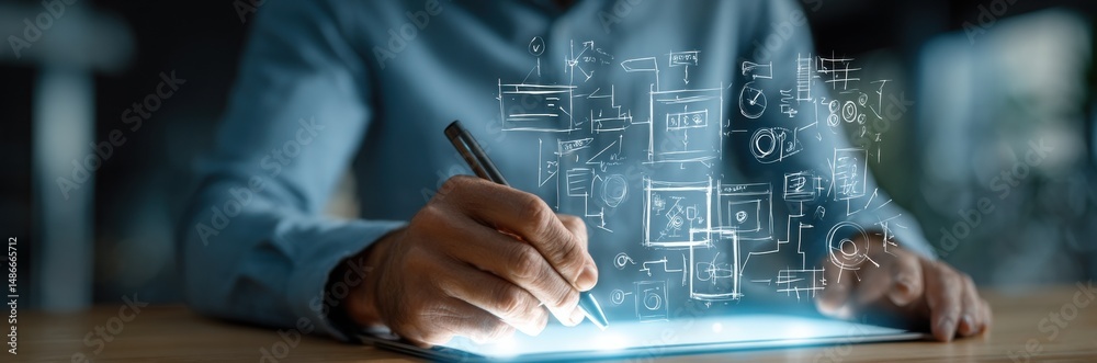 Aufkleber Person using stylus on tablet, sketching website wireframes and app design interfaces, digital planning concept. : Generative AI