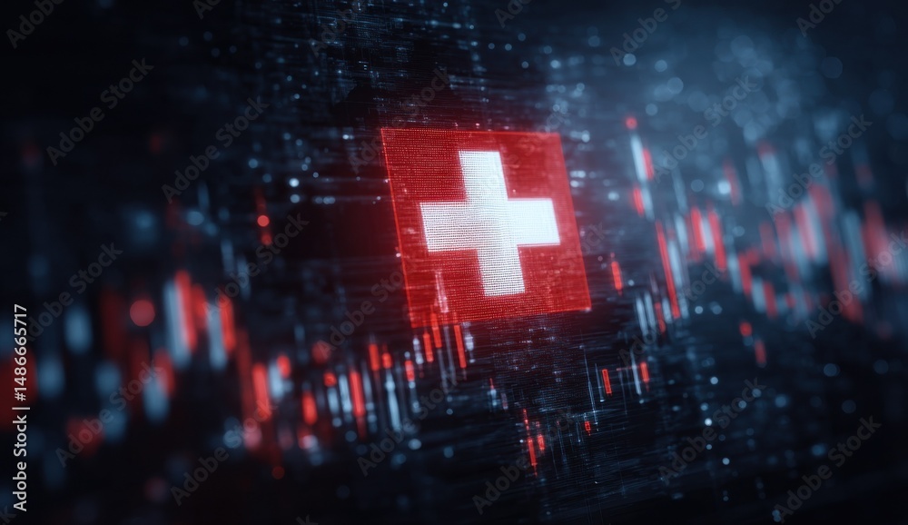 Poster Digital Swiss Flag Displayed on a Futuristic Tech Background with Red and Blue Hues, Showing Data Streams and a Glowing Cross. : Generative AI