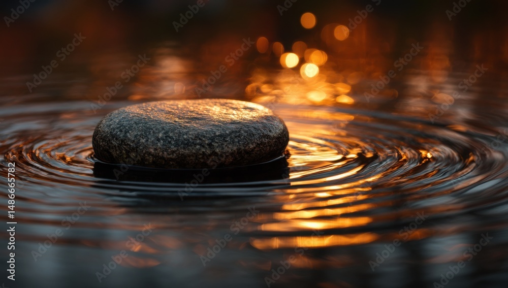 Poster serene sunset scene: a smooth, grey stone floats gently on calm water, creating concentric ripples r