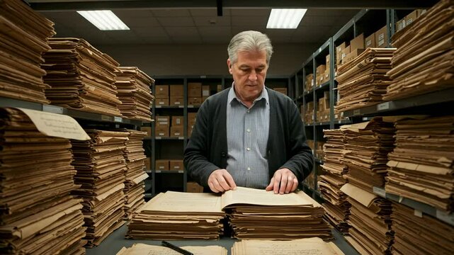 An Elderly Male Archivist Examining Historical Documents in a Dimly Lit Archive Room Filled with Stacked Paper Files and Record Boxes