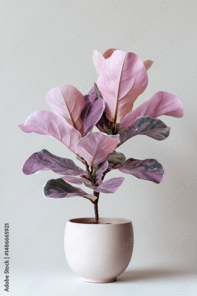 Poster pink and purple ficus lyrata plant in a light beige pot against a neutral background. the leaves sho