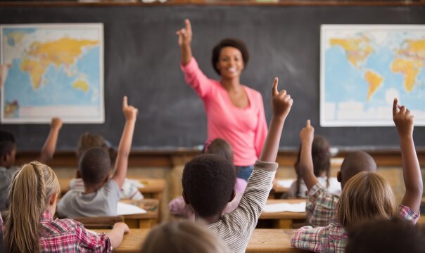 Diverse group of elementary school children raise their hands to answer questions during class, a teacher smiles encouragingly in the background. : Generative AI - Powered by Adobe