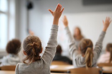 A young girl raises her hand in a classroom setting, actively participating in a lesson with other students and a teacher in the background. : Generative AI