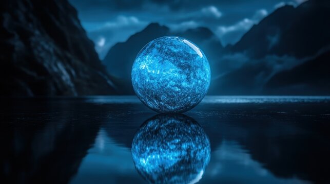 Glowing blue sphere reflecting on dark water mountain background