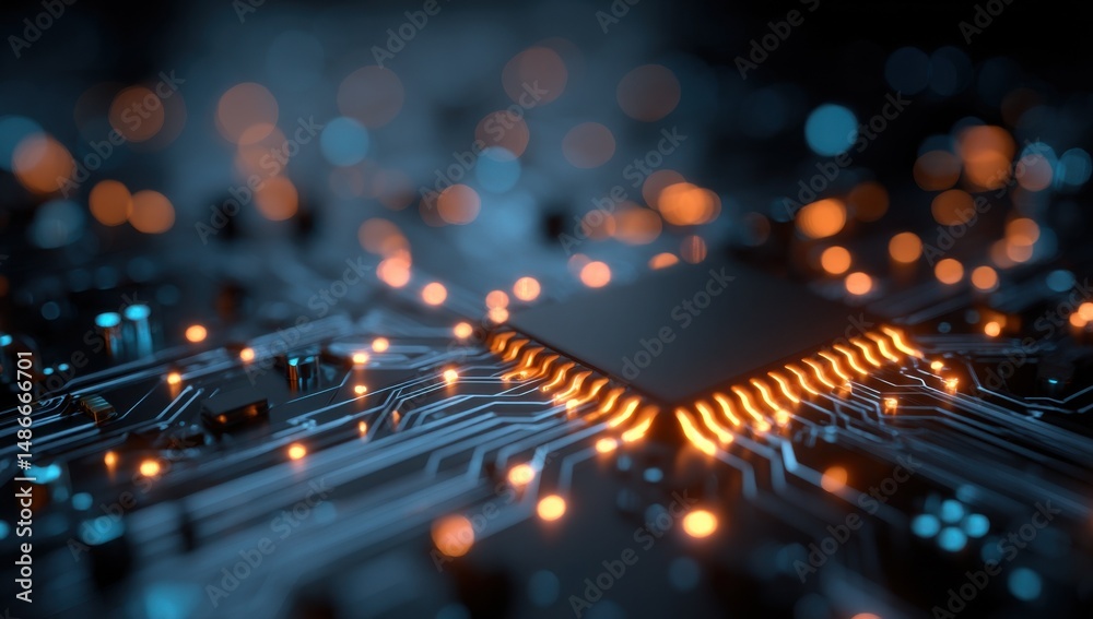 Poster Close-up view of a circuit board with a central processor glowing orange, showcasing intricate technological details and a futuristic aesthetic. : Generative AI